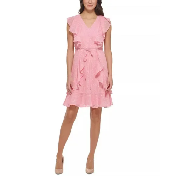 Tommy Hilfiger | Dresses | Tommy Hilfiger Fit Flare Dress Chiffon Textured  Tie Ruffled Pink Size 6 Nwt | Poshmark